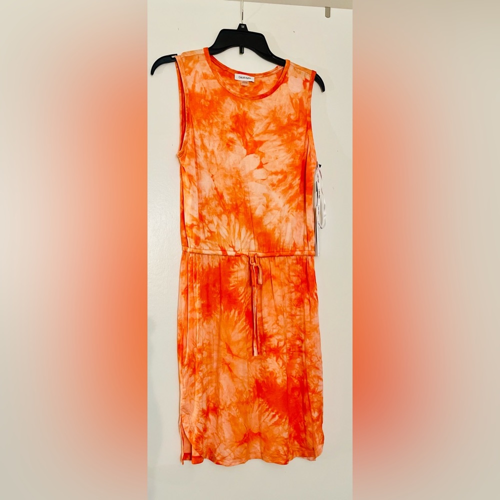 Calvin Klein Orange Tie-Dye Sleeveless Drawstring Mini Dress